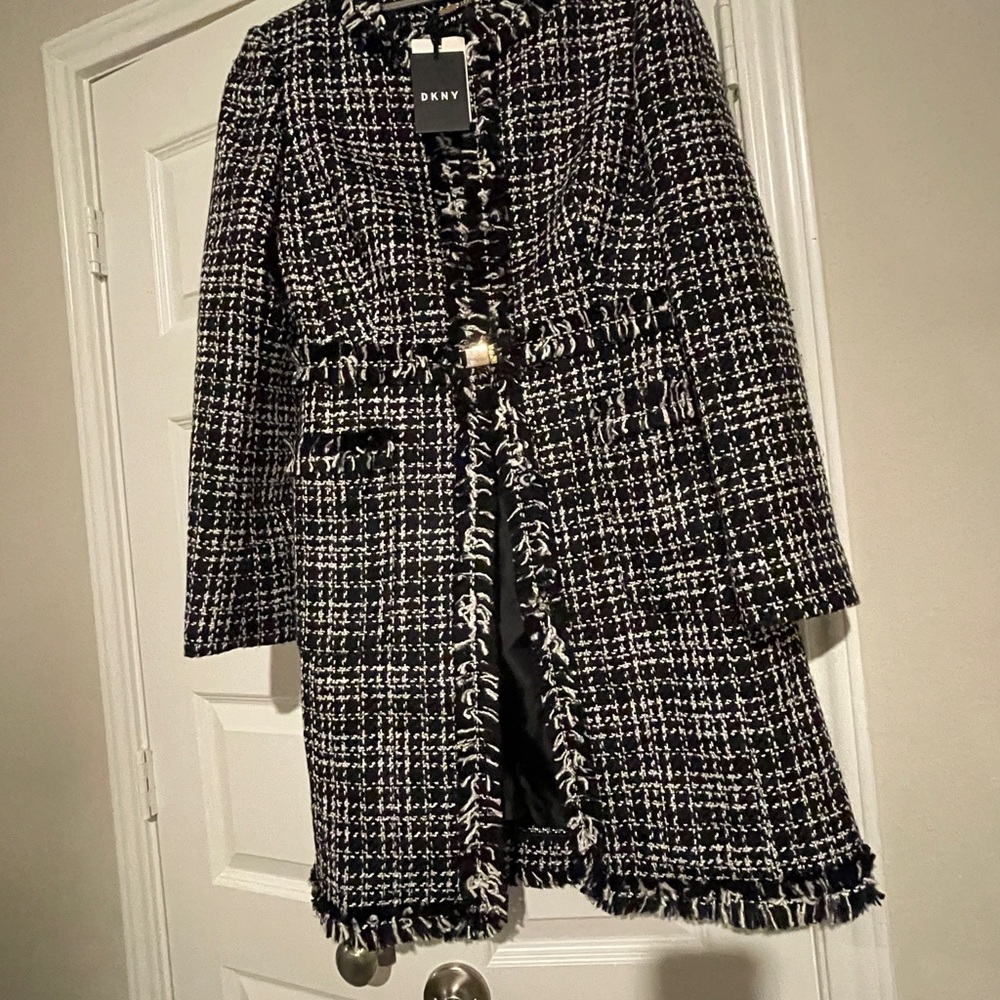 DKNY Black and White Tweed Fringe Jacket